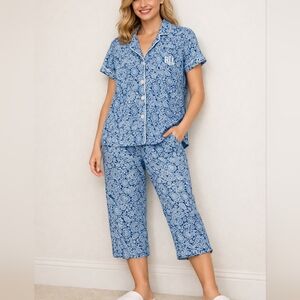 Lauren Ralph Lauren Cotton Blend 2pc Pajama Set Blue Floral XL